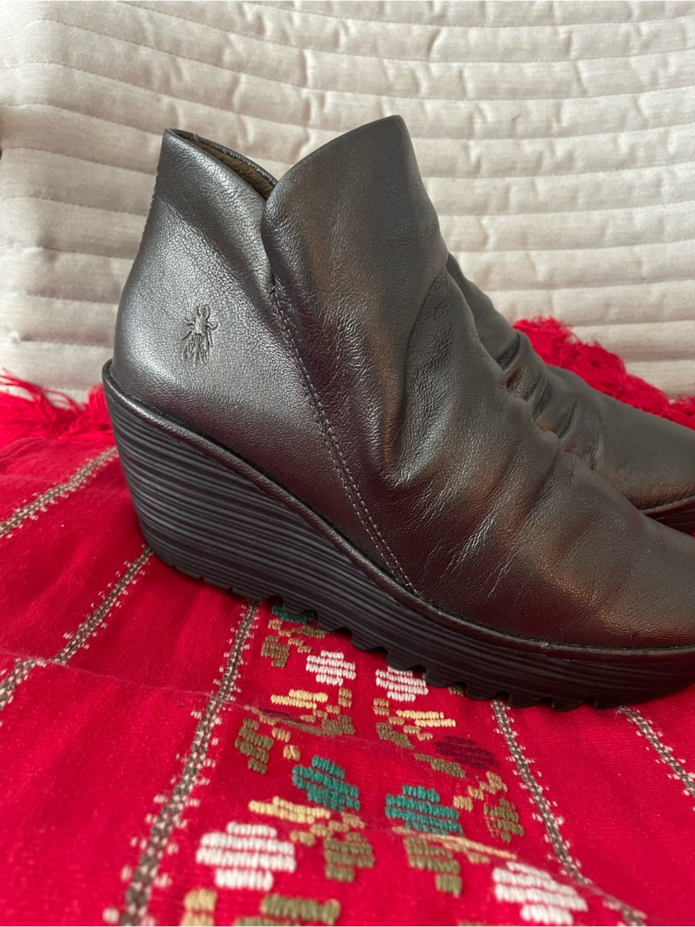Fly London Black Leather Wedge Booties